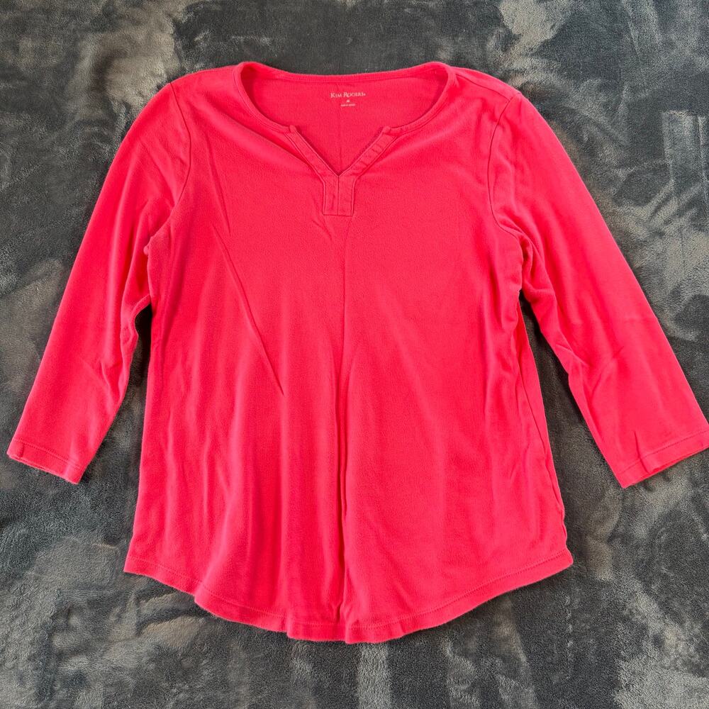 Kim Rogers Womens Medium Hot Pink Cotton 3/4 Sleeve Split Neck Top